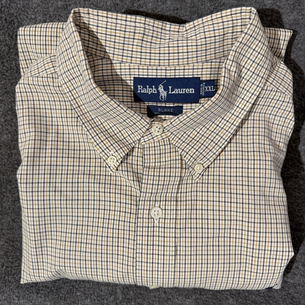 Ralph Lauren Men's Long Sleeve Button Down Beige, Gold, Blk Plaid/Ck Shirt XXL